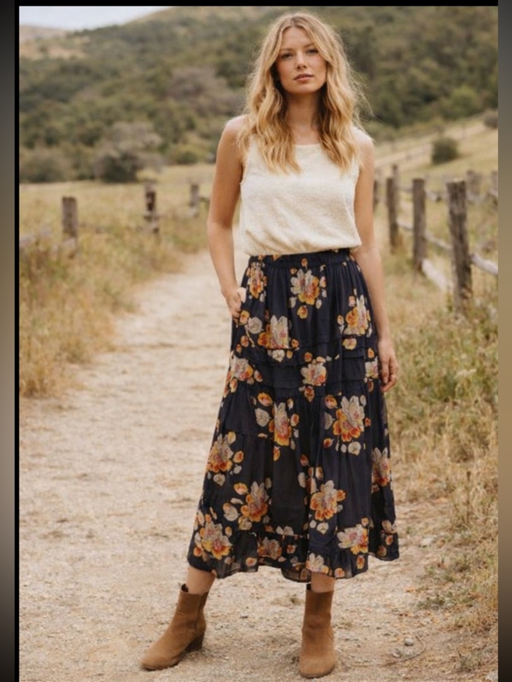 NWT The GREAT. The Frontier Floral Midi Skirt in Black & Light Brown Size S - Picture 15 of 16